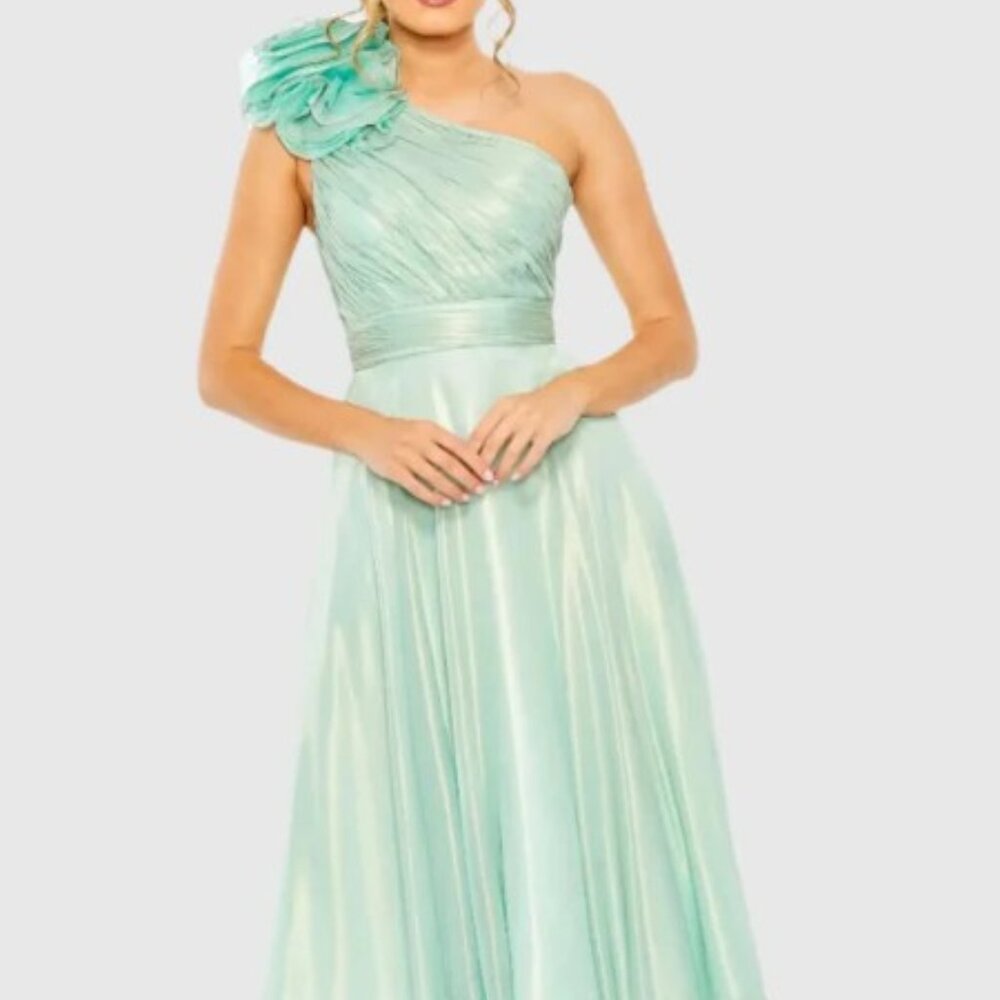 Sage Green Rosette One Shoulder Tea Length Gown, Party Prom Dress, Wedding Guest